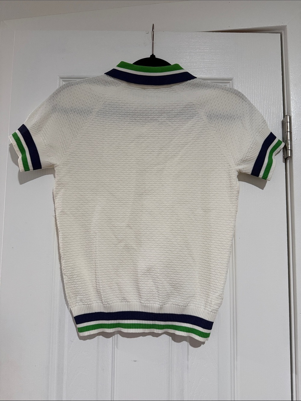 Classic Cream Polo with Green & Blue Stripe Trim - Picture 2 of 2